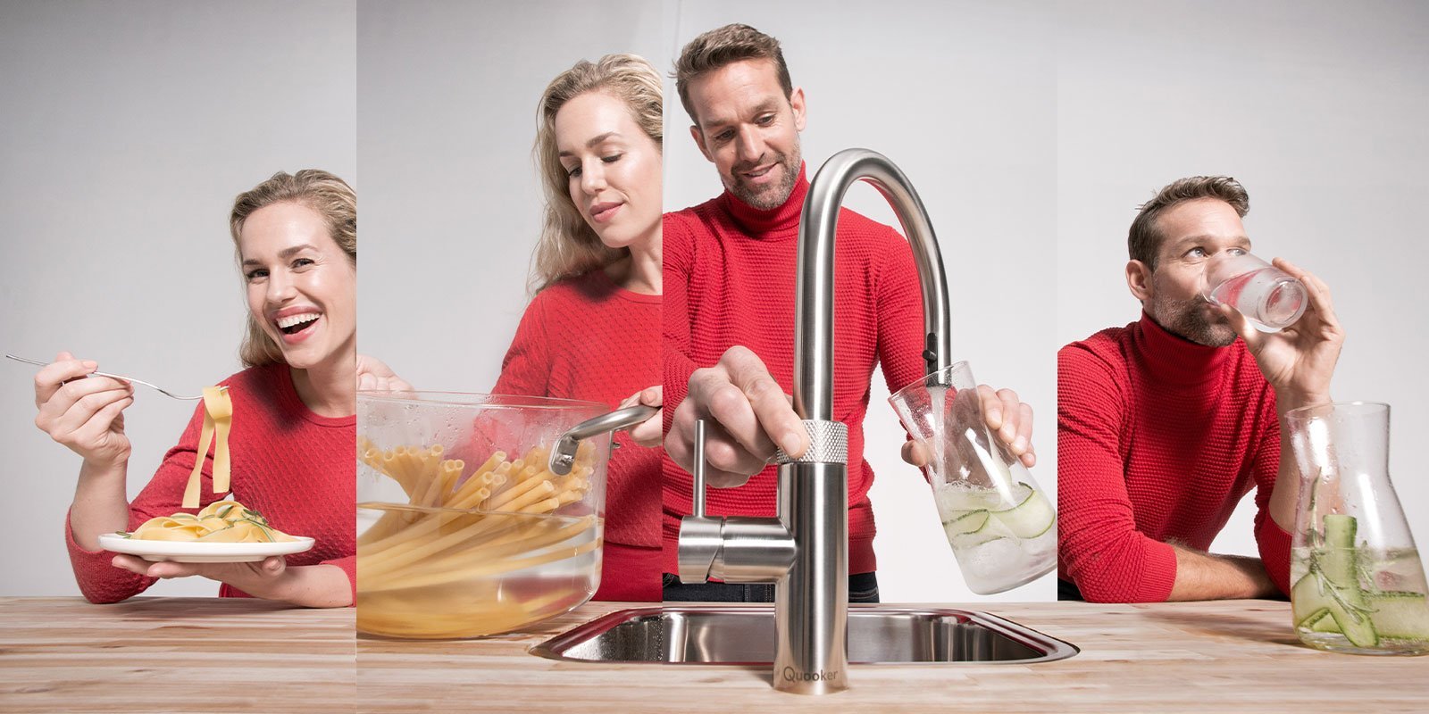 Fotomontage von Quooker-Armaturen und wassertrinkenden Menschen