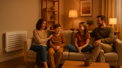 Familie sitzt im warmen, gemütlichen Wohnzimmer